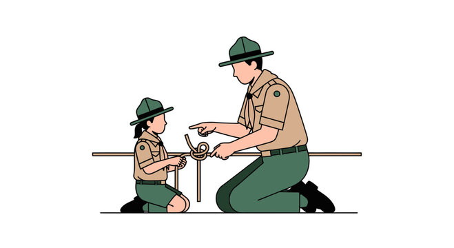 Scout Leader Teaching Child Knot Tying Skills Outdoors