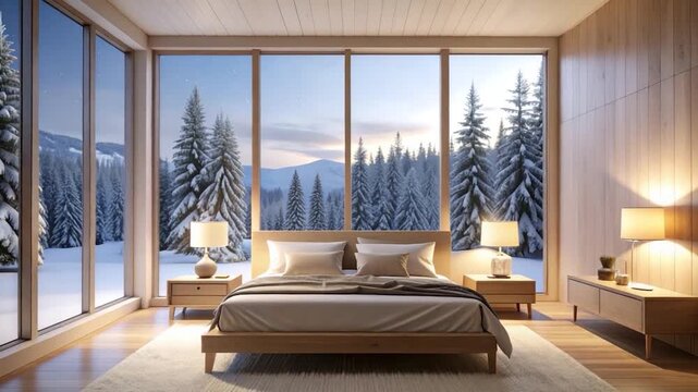 Modern bedroom with snowy mountain view, featuring wood elements & large windows