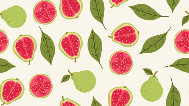 Looping guava seamless pattern animation with tropical fruit illustration for decorative video backgrounds.