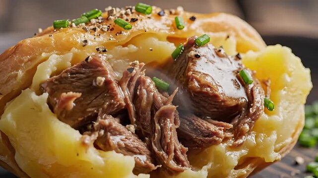 Delicious Slow Cooker Pulled Pork Stuffed into a Baked Potato.