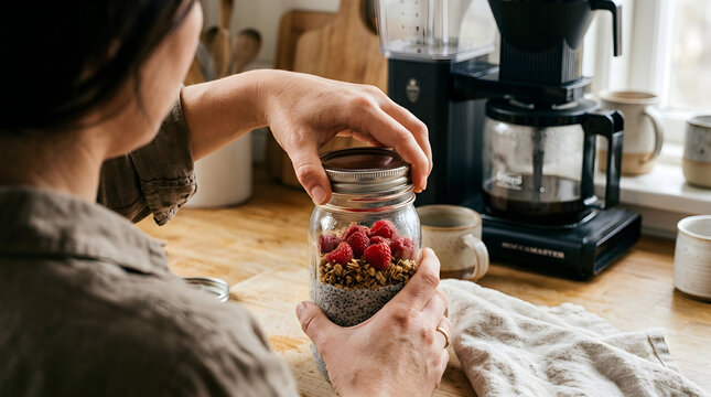 Woman holding spice jar in kitchen with coffee maker