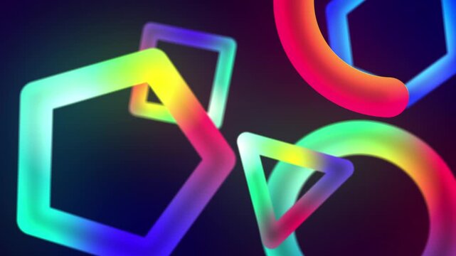 Large neon triangle with colorful glowing gradients and cinematic camera movement in futuristic abstract geometric background