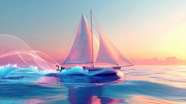 A sailboat glides over blue waves with a vibrant pink and orange sunset sky