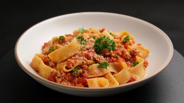 pappardelle pasta with Ground meat and tomato,spaghetti with a meat based bolognese tomatoes,served on white plate with parmesan cheese.