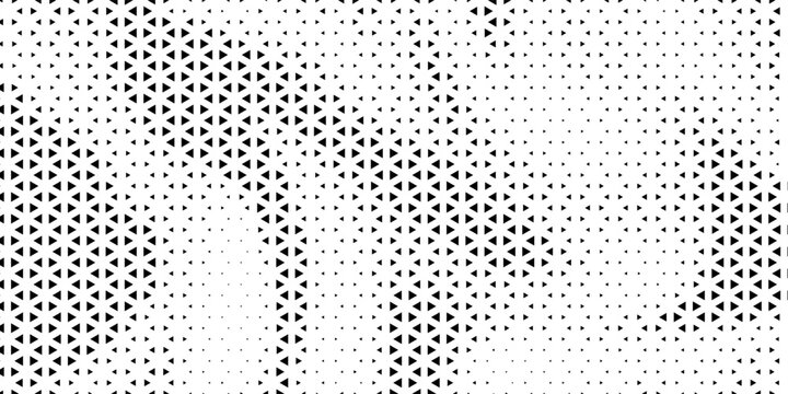 Futuristic black and white geometric triangles texture. Minimalist polygon mosaic pattern with halftone gradient effect for corporate branding and web presentation backdrop.