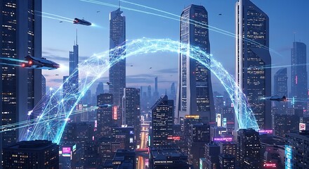 Fototapeta premium Futuristic cityscape with neon lights technology.