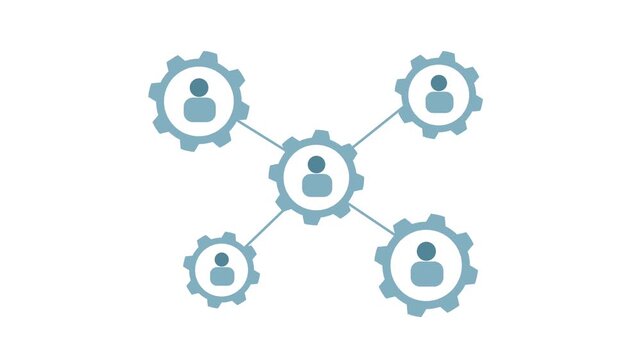 Animation of grey gear network graphic with human icons, symbolizing collaboration and connectivity, set against a clean white background for clarity