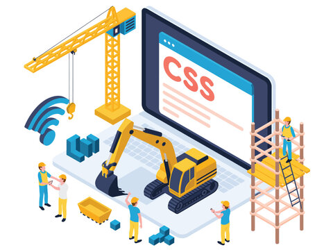  Isometric 3D illustration of website design under construction with CSS code on laptop screen, crane, excavator, and construction workers