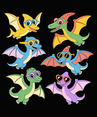 Retro Vintage Pack Of Flying Dinosaurs With Glasses © Puddin98