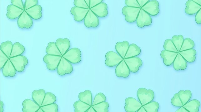 Pastel Green Four-Leaf Clovers on Light Blue Background
