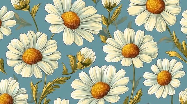 Seamless pattern of daisies on a blue background