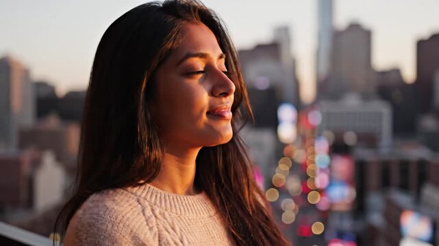 Young woman in knitted sweater with city lights bokeh background