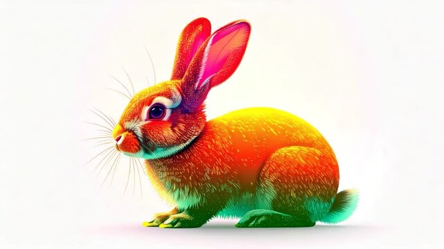 Colorful rabbit illustration in profile with prominent ears, against white