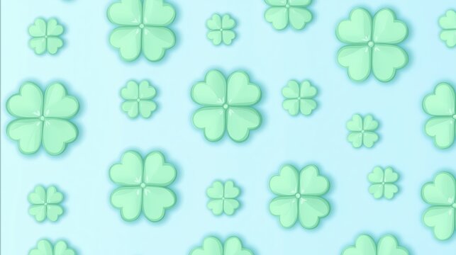 Pastel Green Four-Leaf Clovers on Light Blue Background