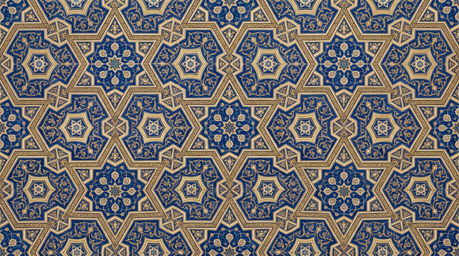 Intricate Islamic Geometric Pattern Eight Pointed Stars Hexagons Arabesque Floral Lapis Lazuli Blue Gold Ivory Ottoman Tilework, Cultural Heritage Editorial Photorealistic 8K Overhead, AI Generated