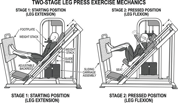 Leg press exercise mechanics vector illustration showing gym workout machine movement stages for fitness and strength training