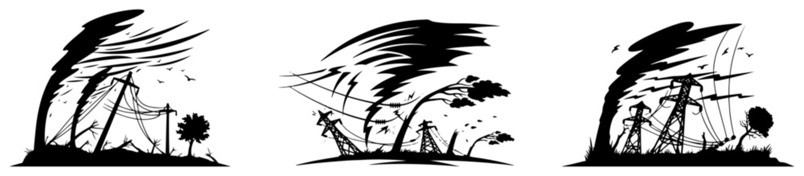 Power lines damaged by strong wind and storm disaster silhouette vector illustration