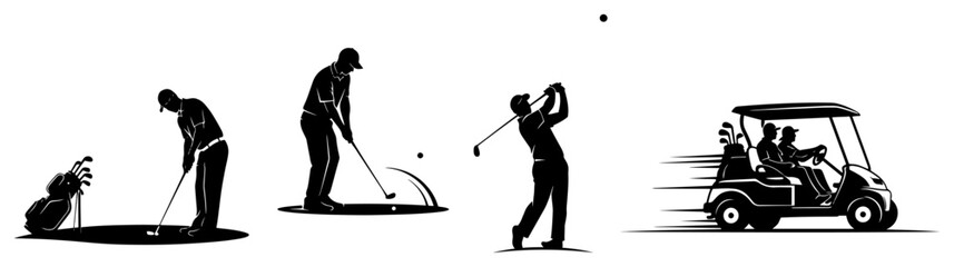 Golf players hitting ball and driving golf cart in sequence graphic black and white style © Camel
