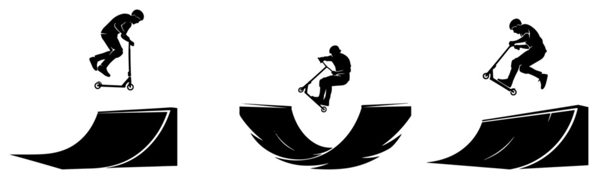 Stunt scooter riders jumping on skatepark ramps silhouette vector art