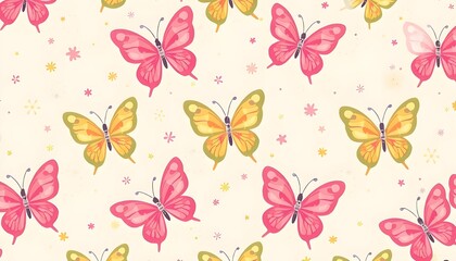 Fototapeta premium Pink yellow butterfly scattered floral cream allover print