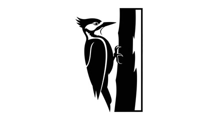 Black silhouette of a woodpecker climbing a tree trunk with white background © Pabitra