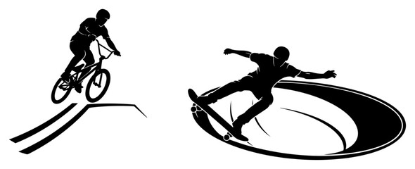 Naklejka premium BMX rider jumping and skateboarder in concrete bowl in black and white silhouette style