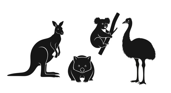 Australian wildlife icons black silhouettes of kangaroo koala wombat and emu on white background
