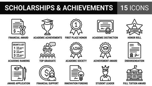 Education icon set for scholarships and achievements