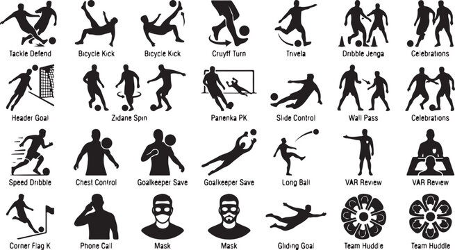 Collection of  Fat Stick Figure Soccer Player Silhouette Icons with Football Actions