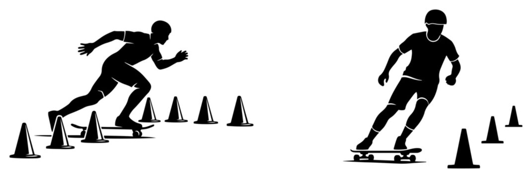 Skateboarder maneuvering through training cones in black and white silhouette style
