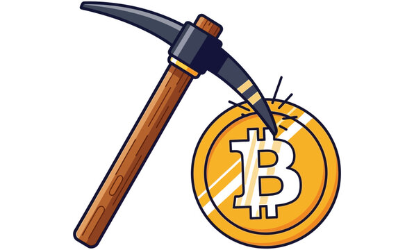 Bitcoin mining icon cartoon pickaxe striking gold coin with bitcoin symbol