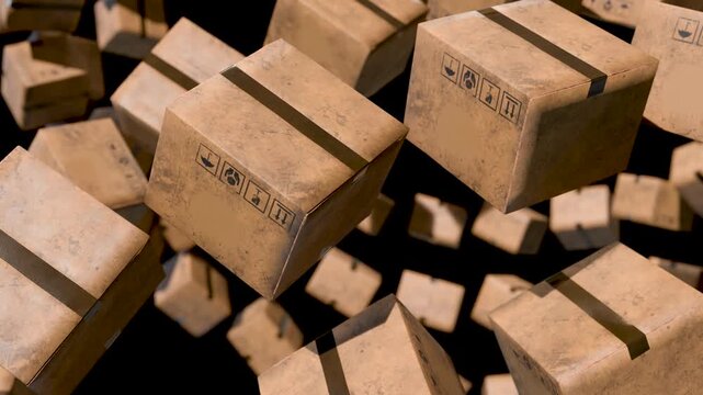 Falling Cardboard Boxes and Rotating Delivery Packages Filling Screen in Slow Motion 3D Animation Logistic Retail Shipping and Online Shopping Supply Chain Concept 3D rendering 4K stock video 