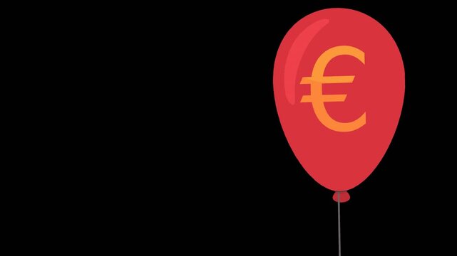 Hand popping a red balloon with a euro sign on a green screen, symbolizing economic bubble burst, financial crisis and market crash. Chroma key green screen with alpha channel.