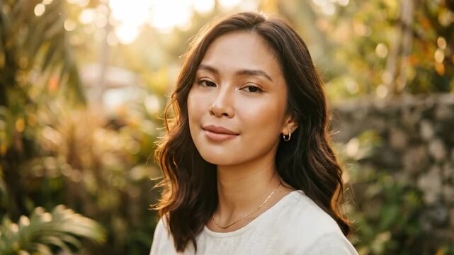 Woman smiles gently outdoors as golden light filters through trees around her.