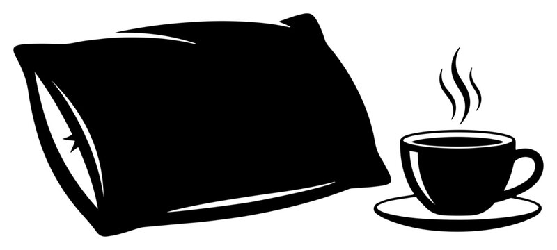 Soft pillow and hot steaming cup of coffee or tea representing morning rest in graphic vector style