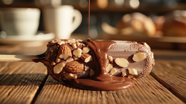 Melting Chocolate Almond Popsicle on Rustic Wooden Table