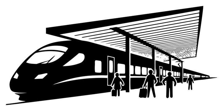 High speed modern train at railway station platform silhouette vector