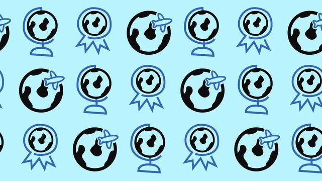 Global tourism and travel pattern with seamless globe, airplane, and award ribbon icons background animation. Repeating world travel, flight route, and destination wallpaper concept. Seamless looping.
