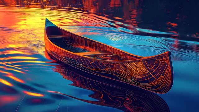 A stylized wooden canoe floats on vibrant water with sunset reflections