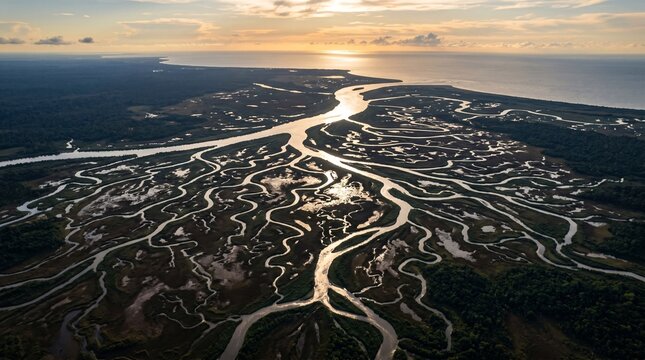 Aerial drone view of river delta from high altitude, the main river dividing outward into smaller