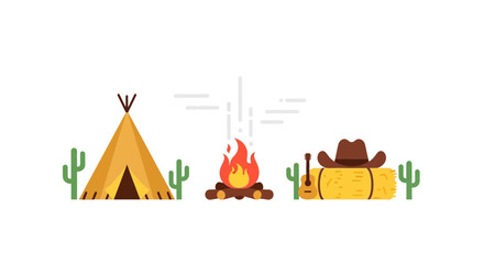 Western Camp Scene: Teepee, Bonfire, Hay Bale, Cowboy Hat, Guitar, Cacti © zian