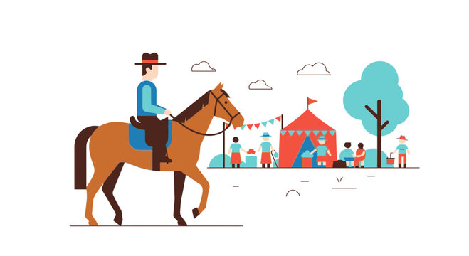 Man riding horse at outdoor carnival with tents and people, flat vector illustration