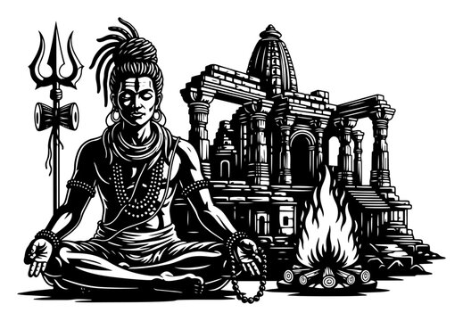 Shiva meditating with trident and temple ruins in black and white vector style