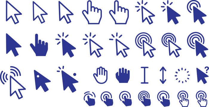 Collection of cursor icons and pointers for digital interfaces and web design including hand gestures and selection tools for computer interaction and user experience applications.