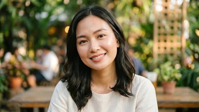 Smiling woman enjoying peaceful outdoor moment surrounded by greenery