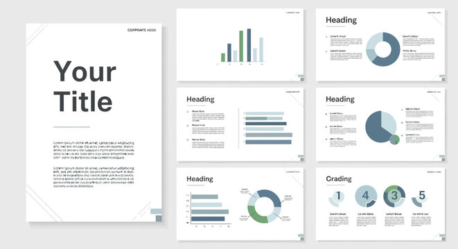 A collection of infographic templates with various charts and graphs on a clean white background for business presentation.