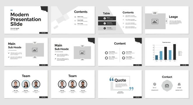 A modern presentation slide template showcases various infographic elements and charts on a clean background with team and quote sections.