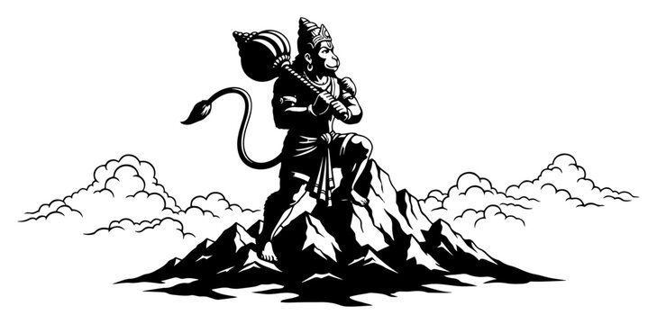 Lord Hanuman standing on a mountain peak with gada mace weapon silhouette vector art