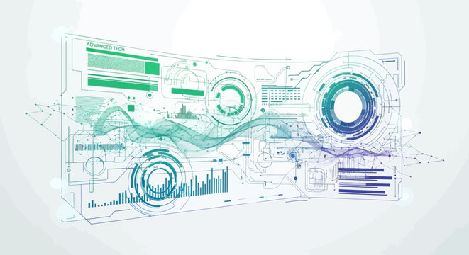 Futuristic interface displays various charts and graphs on a screen with a blue and green color scheme.