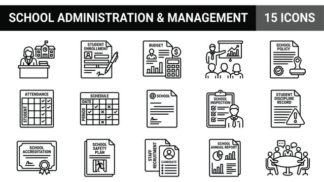 Black and white education and school administration icon set with 15 flat design symbols